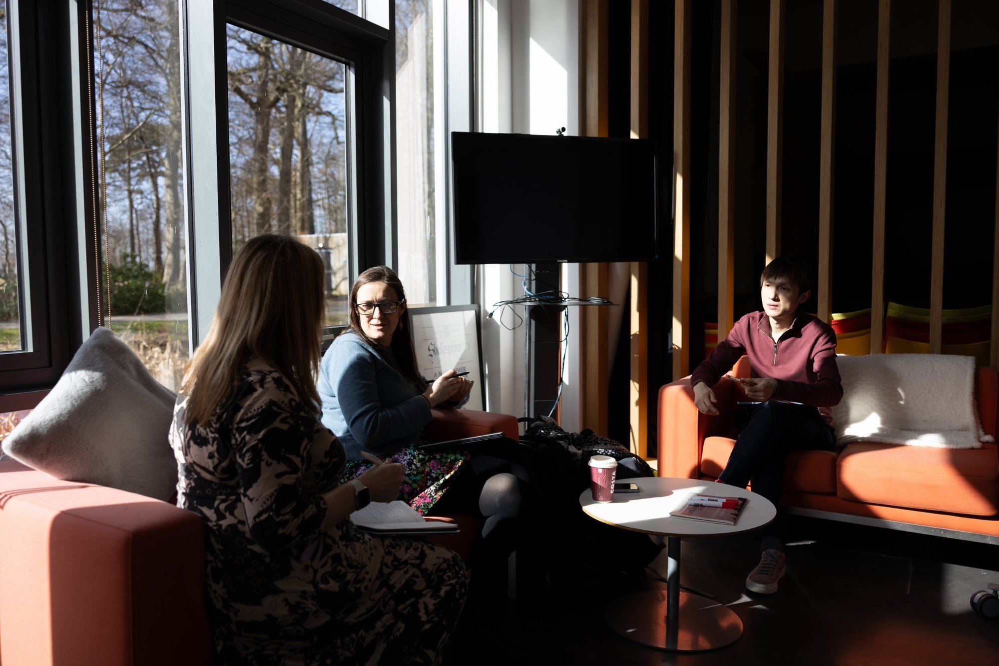 Three participants in conversation on sofas by a sunlit window
