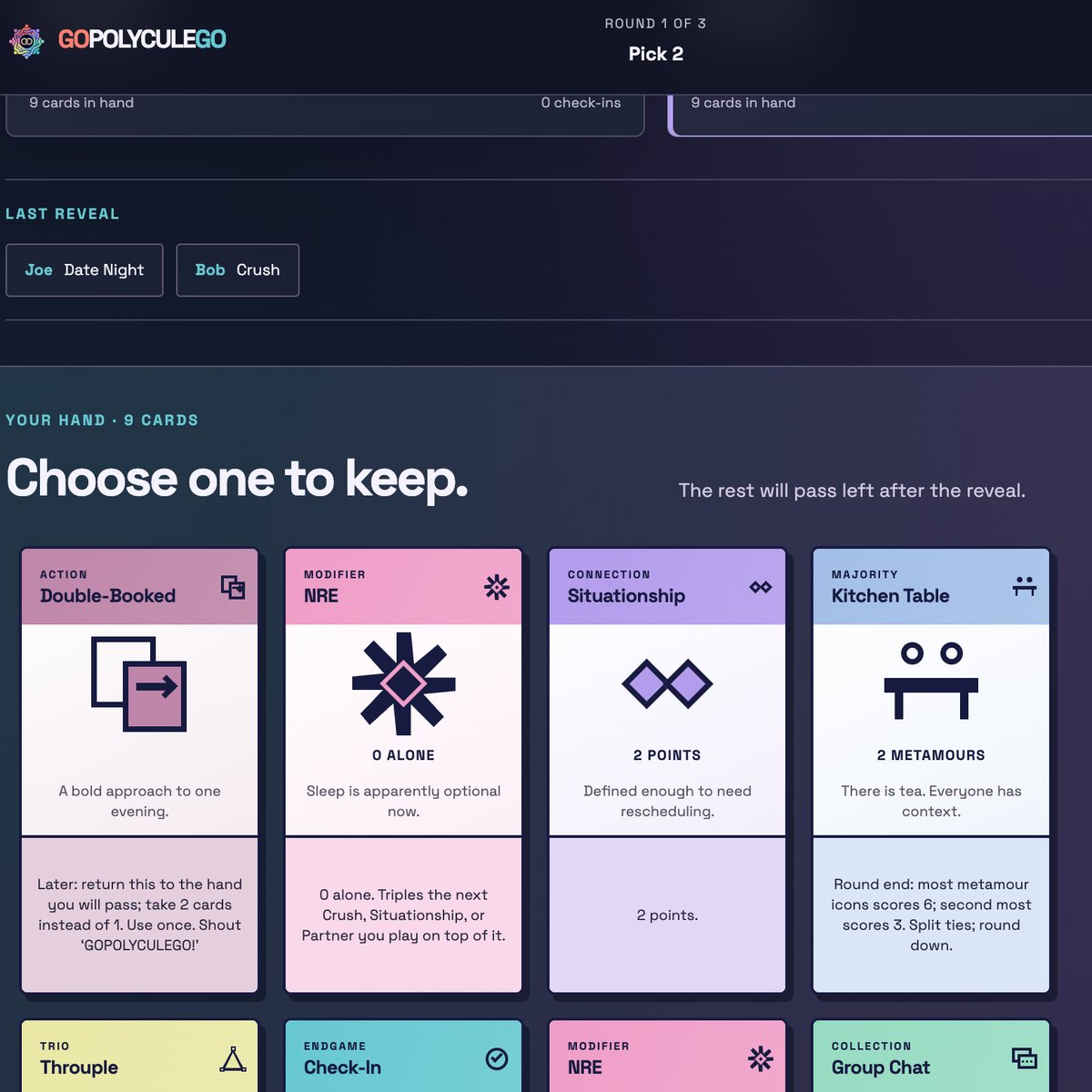 GOPOLYCULEGO, a card-drafting game about building a polycule