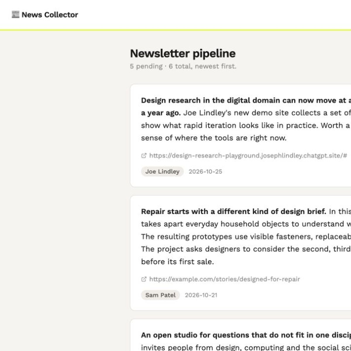 News Collector, newsletter copy through a short conversation